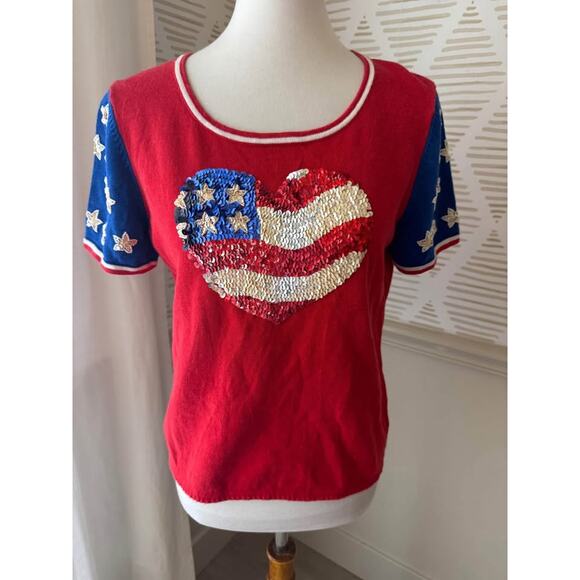 Emma Tricot Medium Patriotic American Flag Sequin Beaded Short Sleeve Shirt - Picture 1 of 8